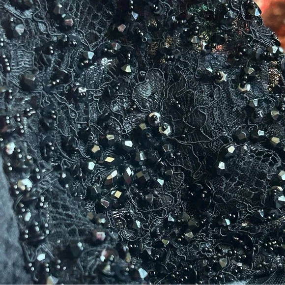 Badgley Mischka black beaded lace short sleeve silk formal evening gown 8 NWOT - Picture 10 of 17